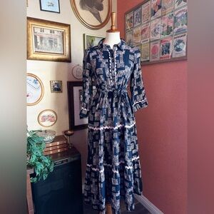 Jodiful Geometric Print Maxi Dress with Scalloped Trim & Tie Waist